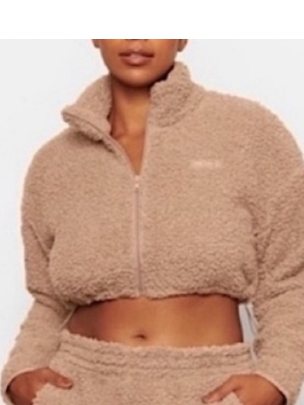 SKIMS Tiger’s Eye Brown Sherpa Cropped Teddy Bear Zip Up Jacket Sz M NWT